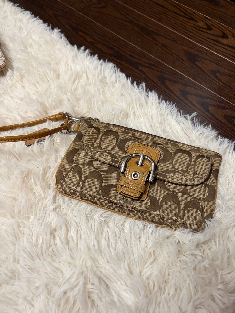 Coach Monogram Canvas Wristlet in Tan and Cognac